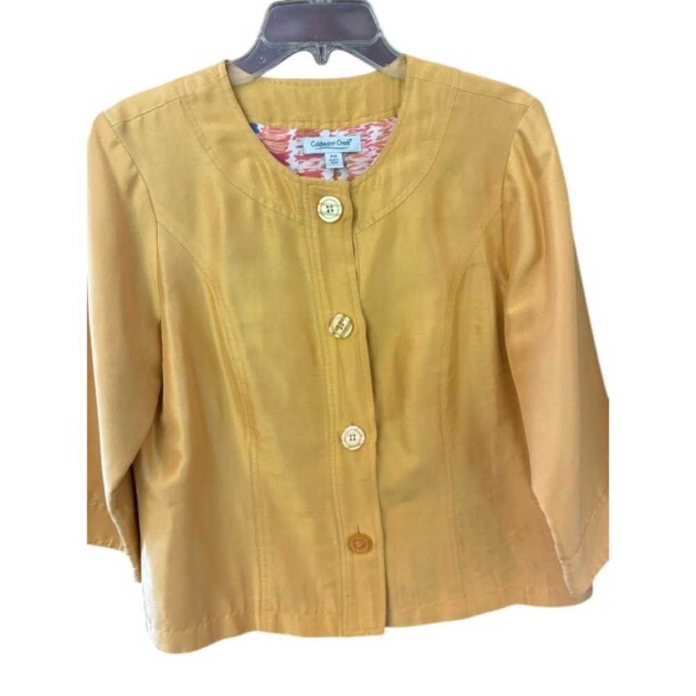 Coldwater Creek Silk Blazer Womens 14P Yellow Excellent Button Front 3/4 Sleeve